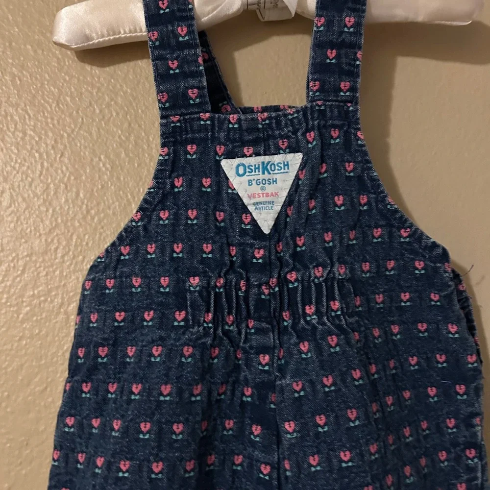 Vintage OshKosh B'Gosh Denim Vestbak Pink Tulip Floral Embroidered Overalls 6-9M